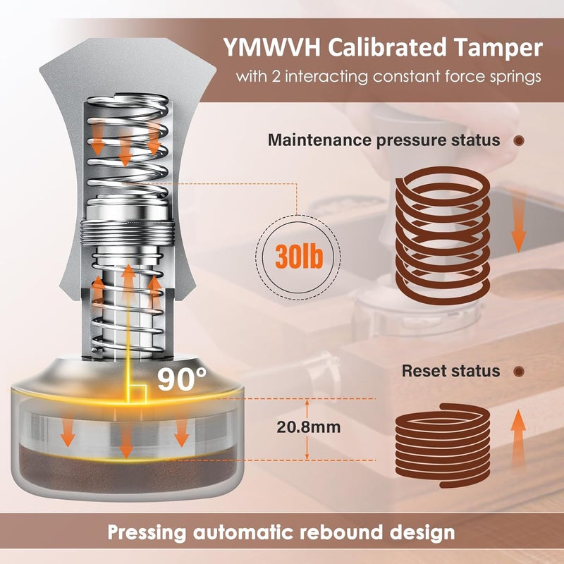 YMWVH 51mm Espresso Tamper, Premium Barista Espresso Coffee Tamper Silver with Dual Spring Loaded 100% Stainless Steel Ripple Base, Constant 30lb, Compatible with Delonghi Espresso Coffee Machine - Image 4